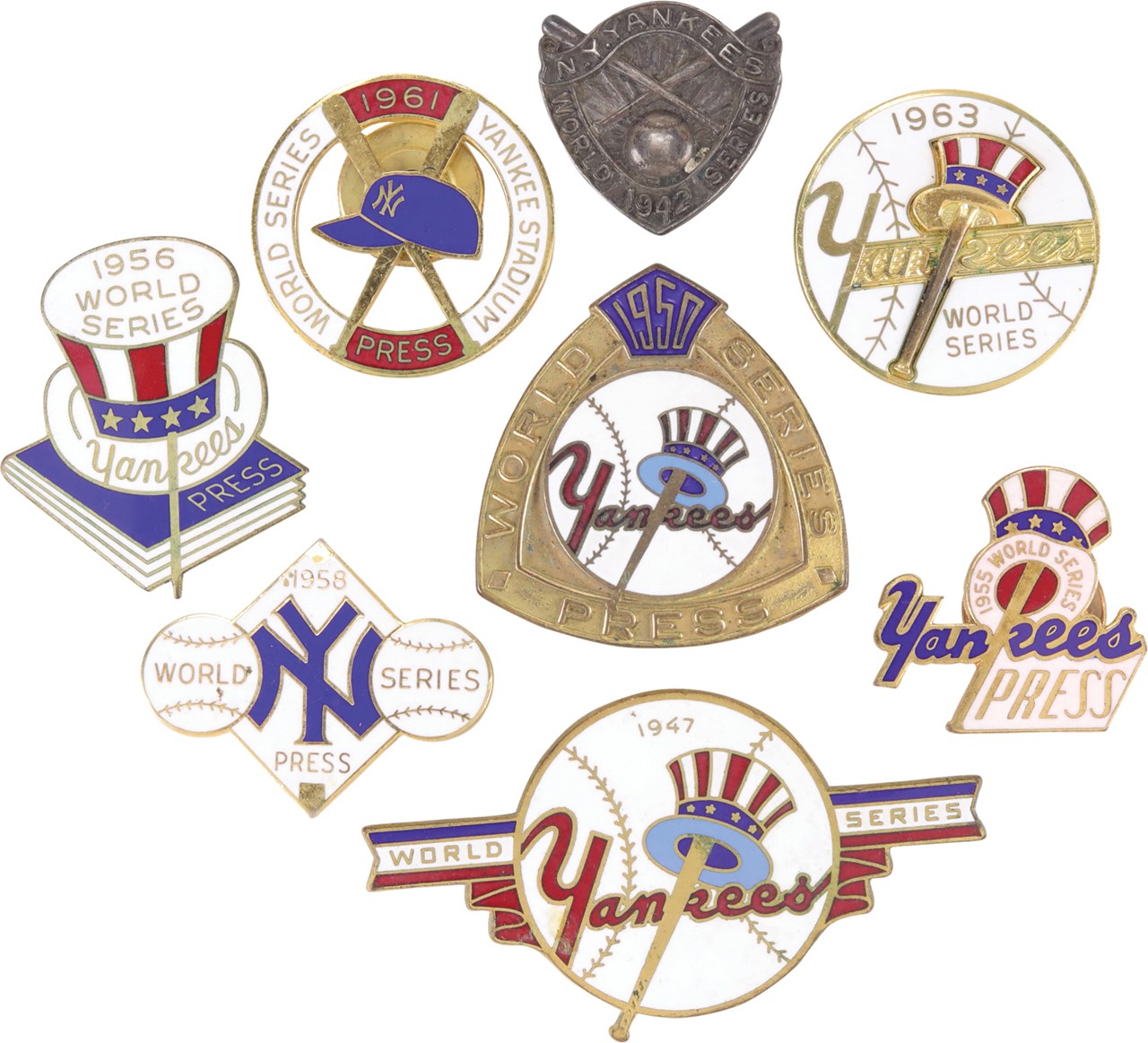 - 1942-1963 New York Yankees World Series Press Pins (8)
