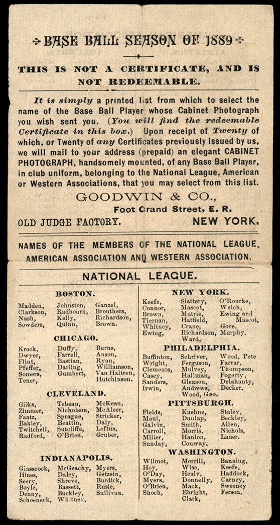 - 1889 N173 Old Judge Baseball Cabinet Cards Checklist