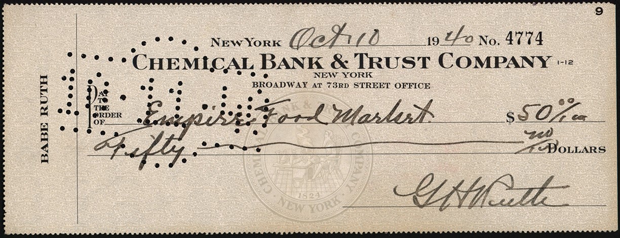 - 1940 Babe Ruth Signed Bank Check (PSA MINT 9)