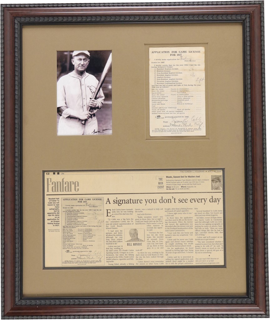 - 1937 Ty Cobb Signed Hunting License w/Newspaper Provenance (PSA)