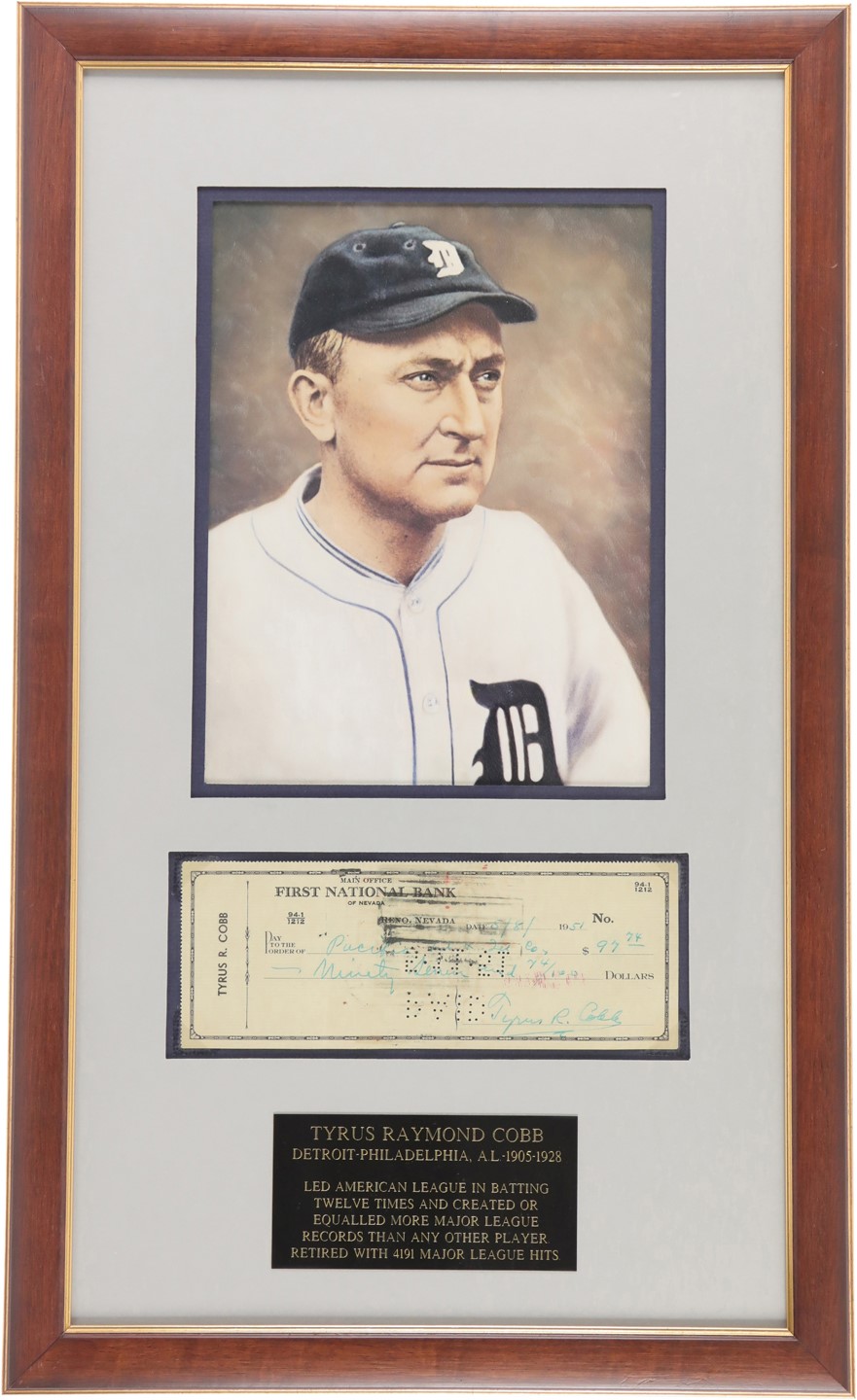 Ty Cobb and Detroit Tigers - 1951 Ty Cobb Signed Bank Check (PSA)