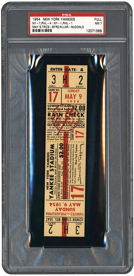 Baseball Memorabilia - 5/9/54 New York Yankees vs. Philadelphia Athletics Double Header Full Ticket PSA NM 7