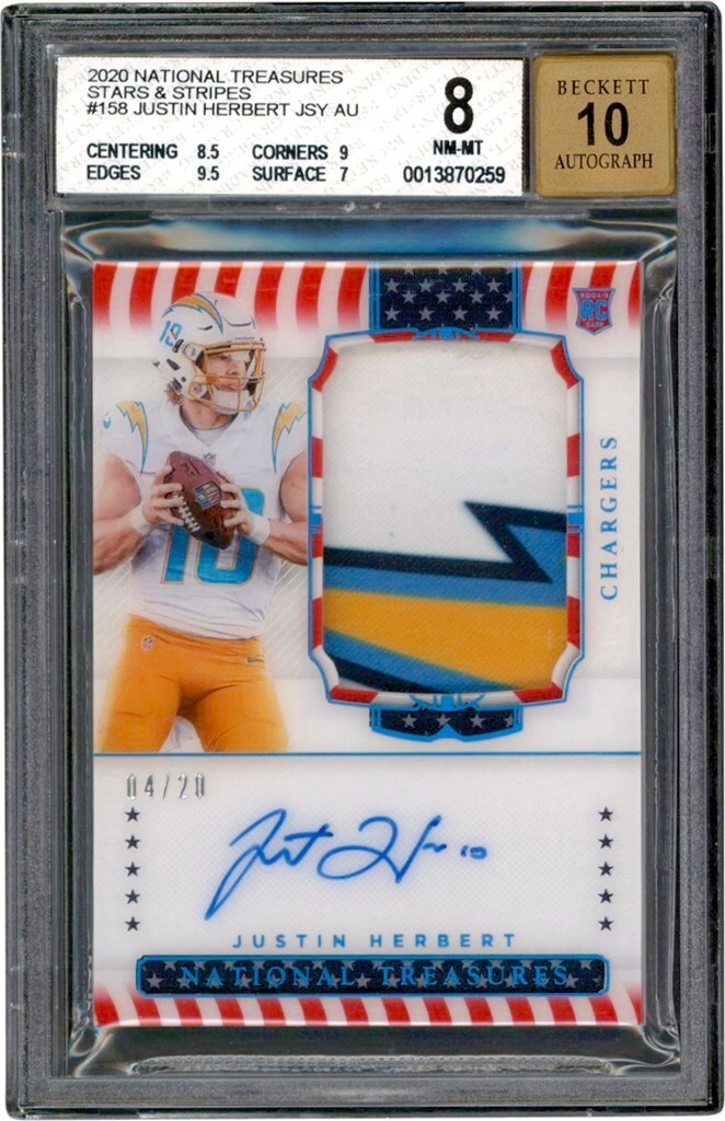 Modern Sports Cards - 20 National Treasures Stars & Stripes #158 Justin Herbert RPA Rookie Patch Autograph 04/20 BGS NM-MT 8 - Auto 10