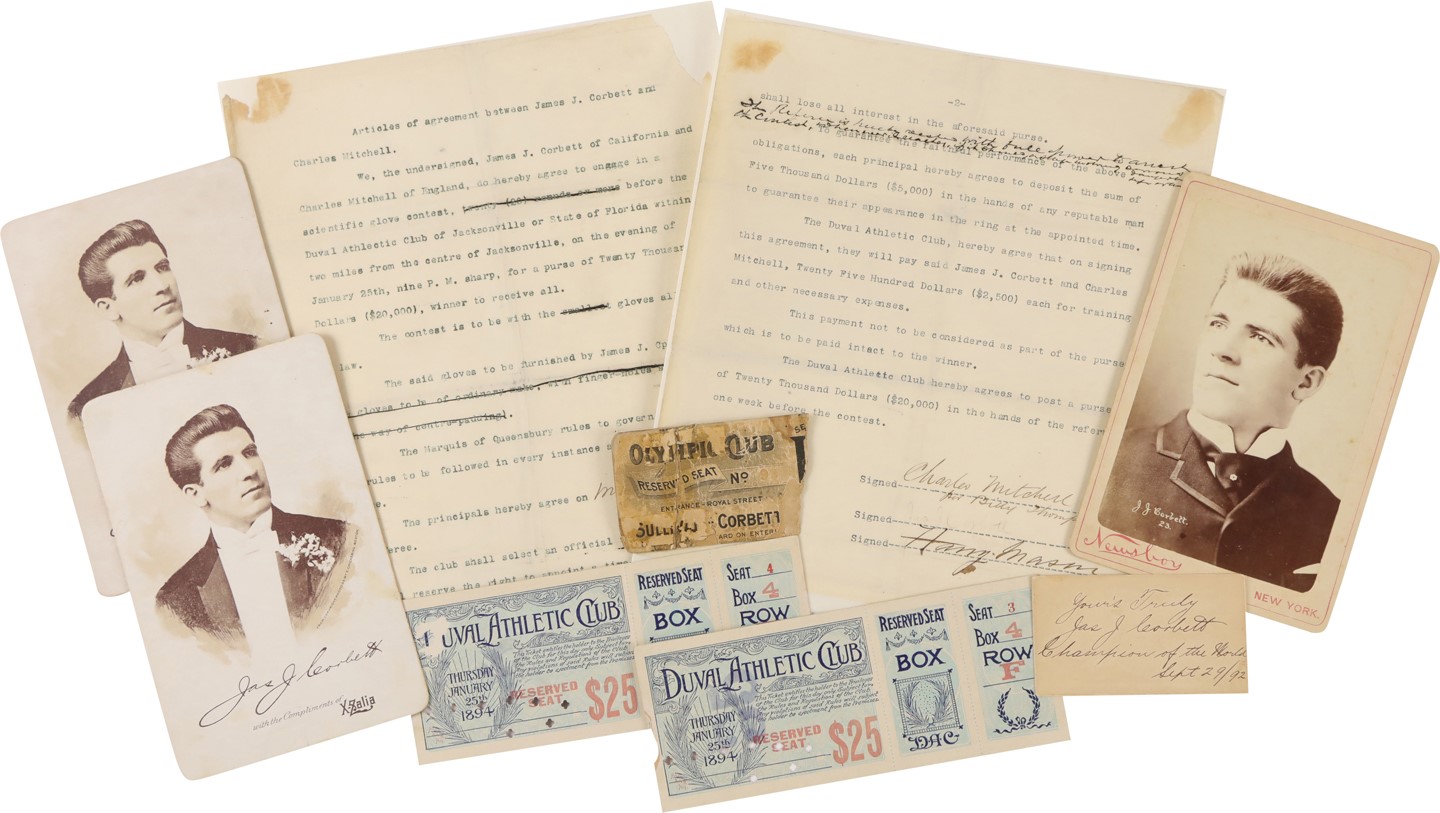 1894 James J. Corbett vs. Charles Mitchell Fight Contracts, Full Tickets, Cabinet Cards, and More