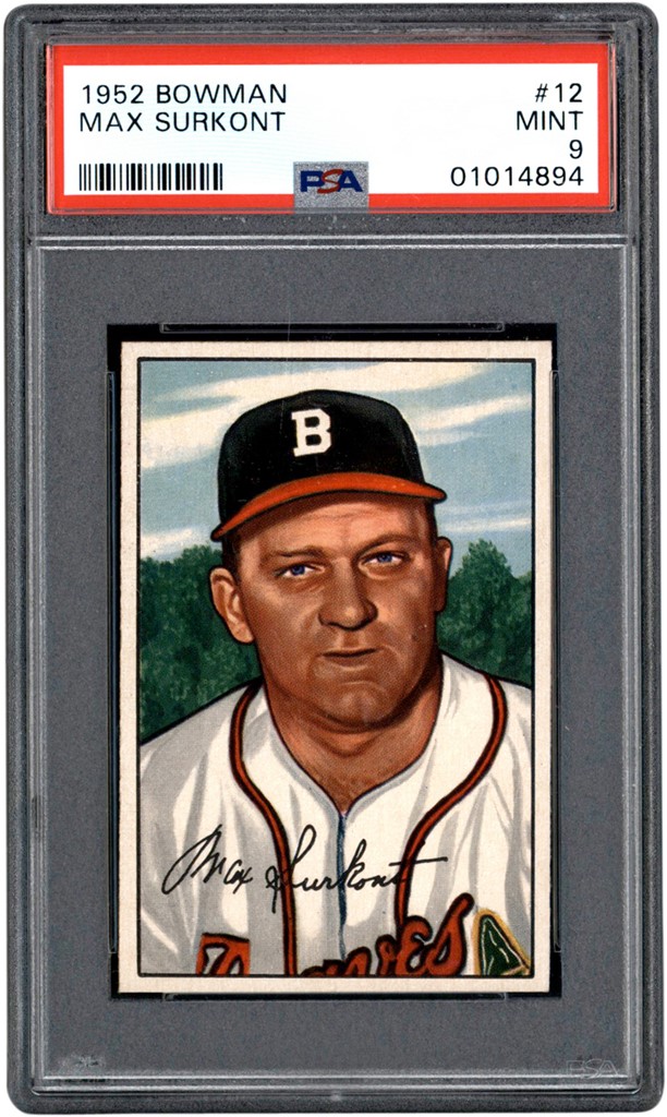 - 1952 Bowman Baseball #12 Max Surkont Card PSA MINT 9