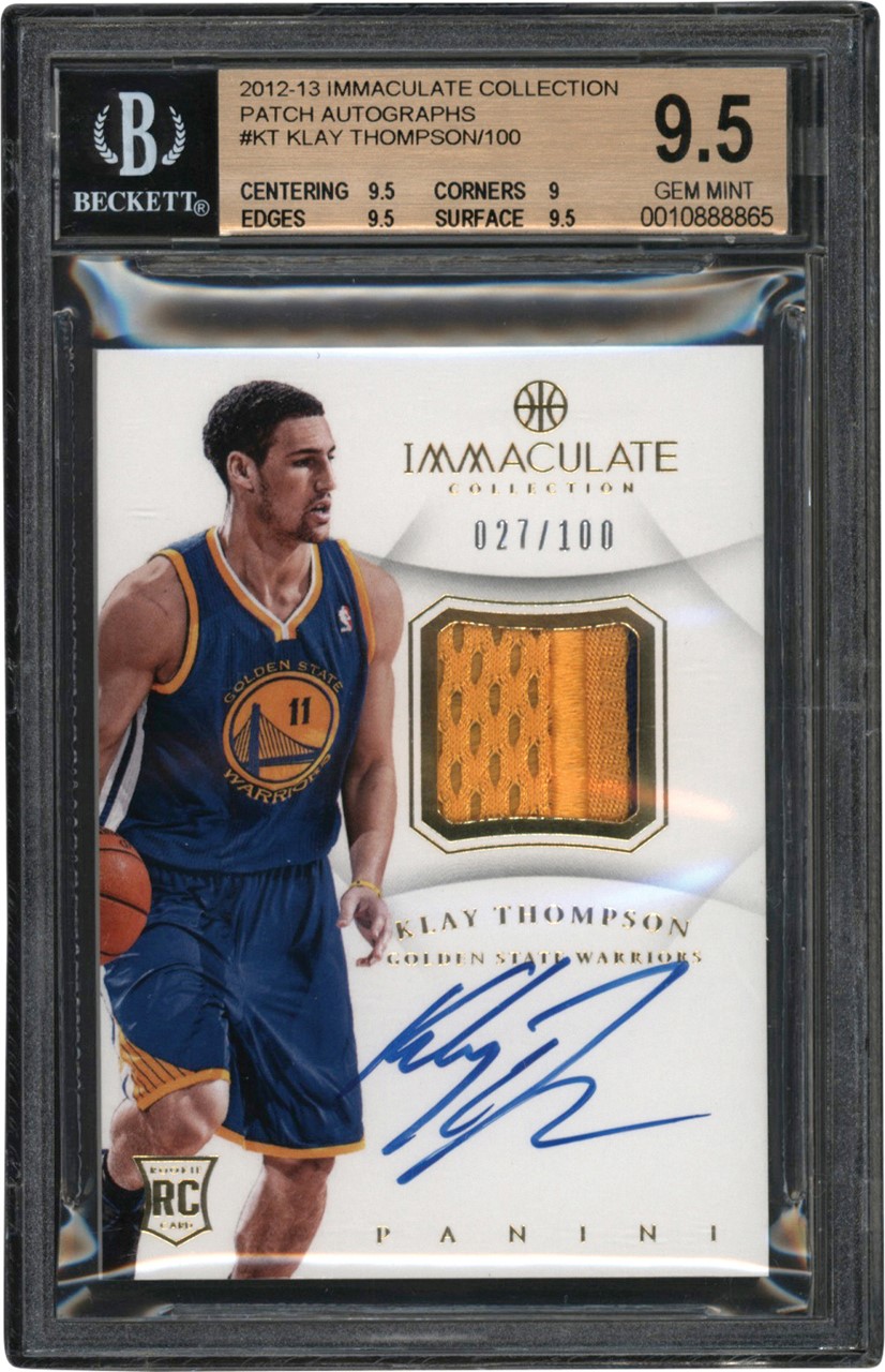 Modern Sports Cards - 2012-13 Immaculate Collection Patch Autographs #KT Klay Thompson RPA Rookie Patch Autograph 27/100 BGS GEM MINT 9.5 - Auto 10