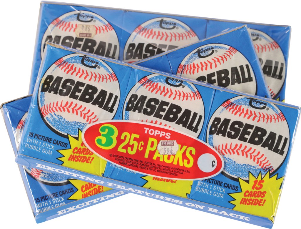 - Three 1980 Topps Baseball Unopened Three Wax Pack Grocery Tray Collection (3)