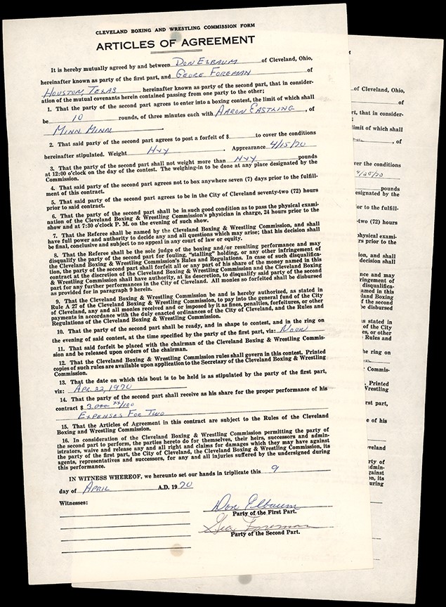 1970 George Foreman vs. Aaron Eastling Fight Contracts