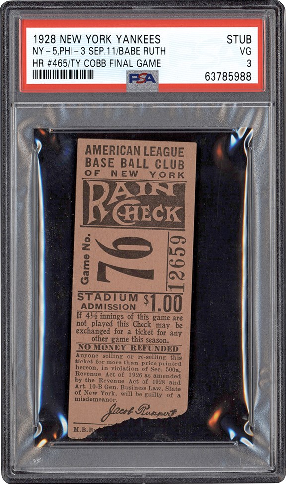 - 1928 Ty Cobb Last Game Ticket Stub PSA VG 3 (Pop 2 - None Higher)