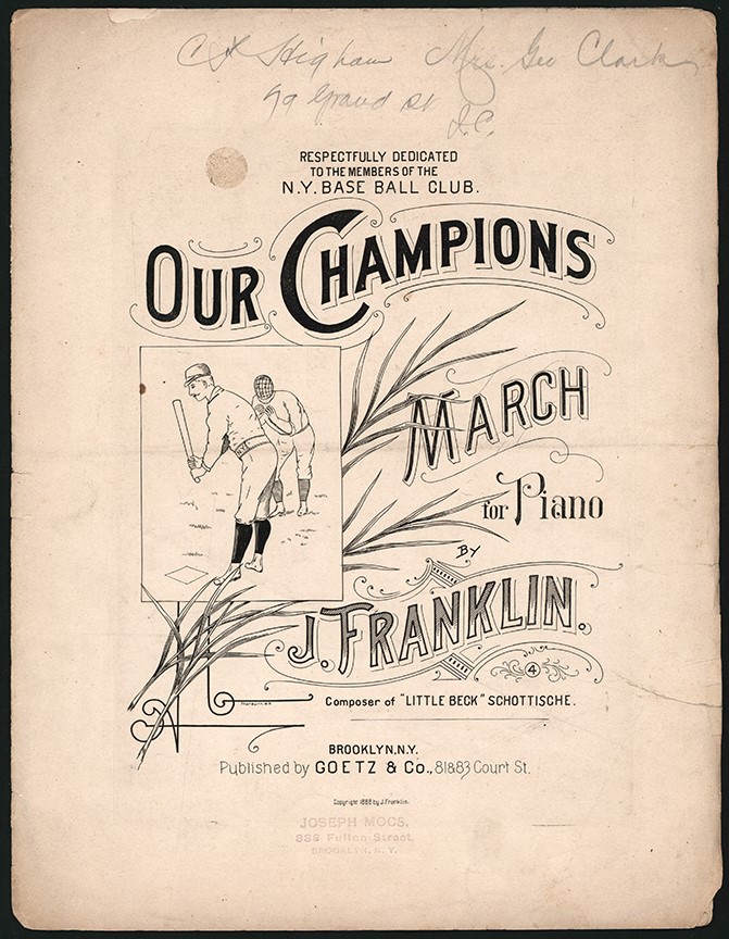 - Rare 1888 "Our Champions March" Sheet Music Dedicated to N.Y. Baseball Club