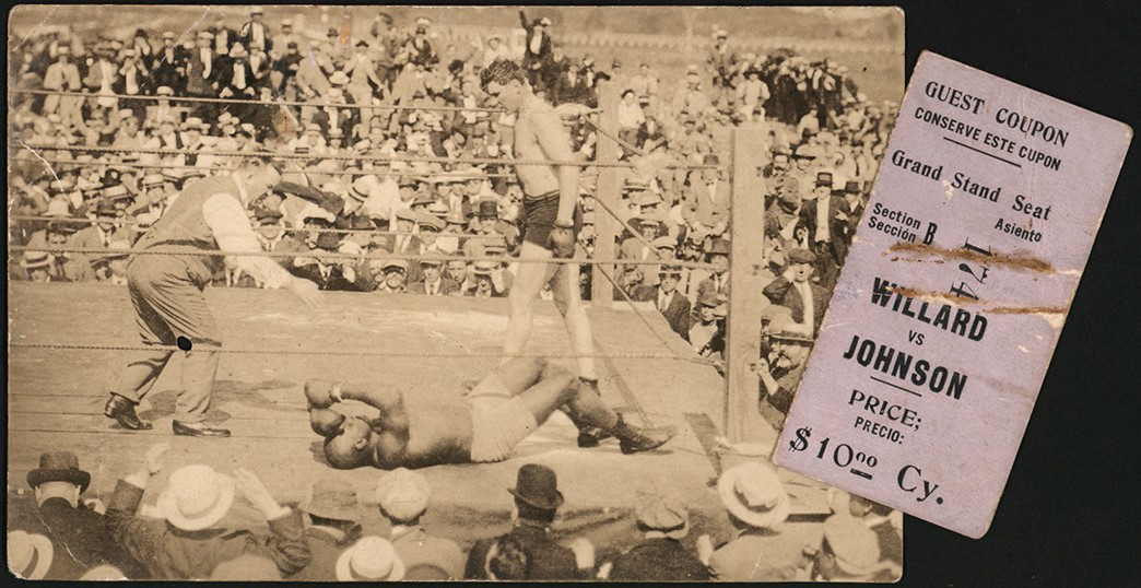 - 1915 Jack Johnson vs. Jess Willard Ticket Stub and Postcard