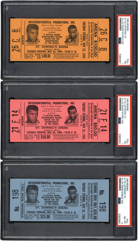 1965 Muhammad Ali vs. Sonny Liston "Phantom Punch" Full Tickets (PSA 7 & PSA 8)