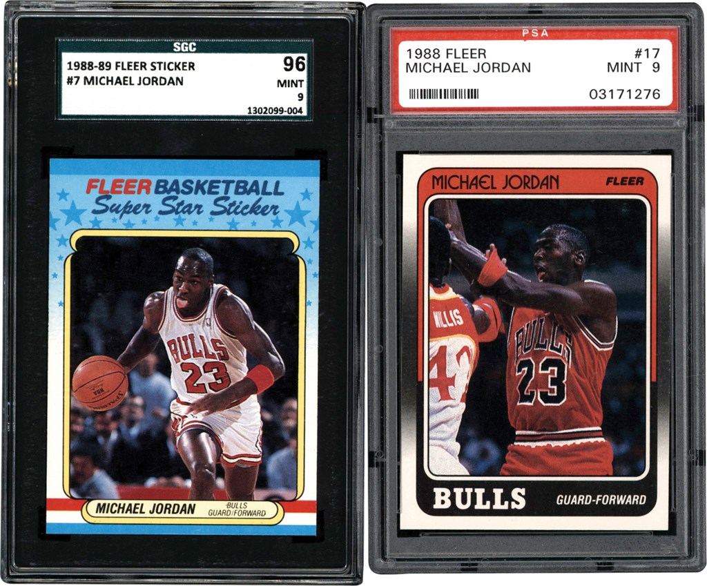 1988-1989 Fleer Basketball Michael Jordan Card & Sticker Duo PSA & SGC MINT 9