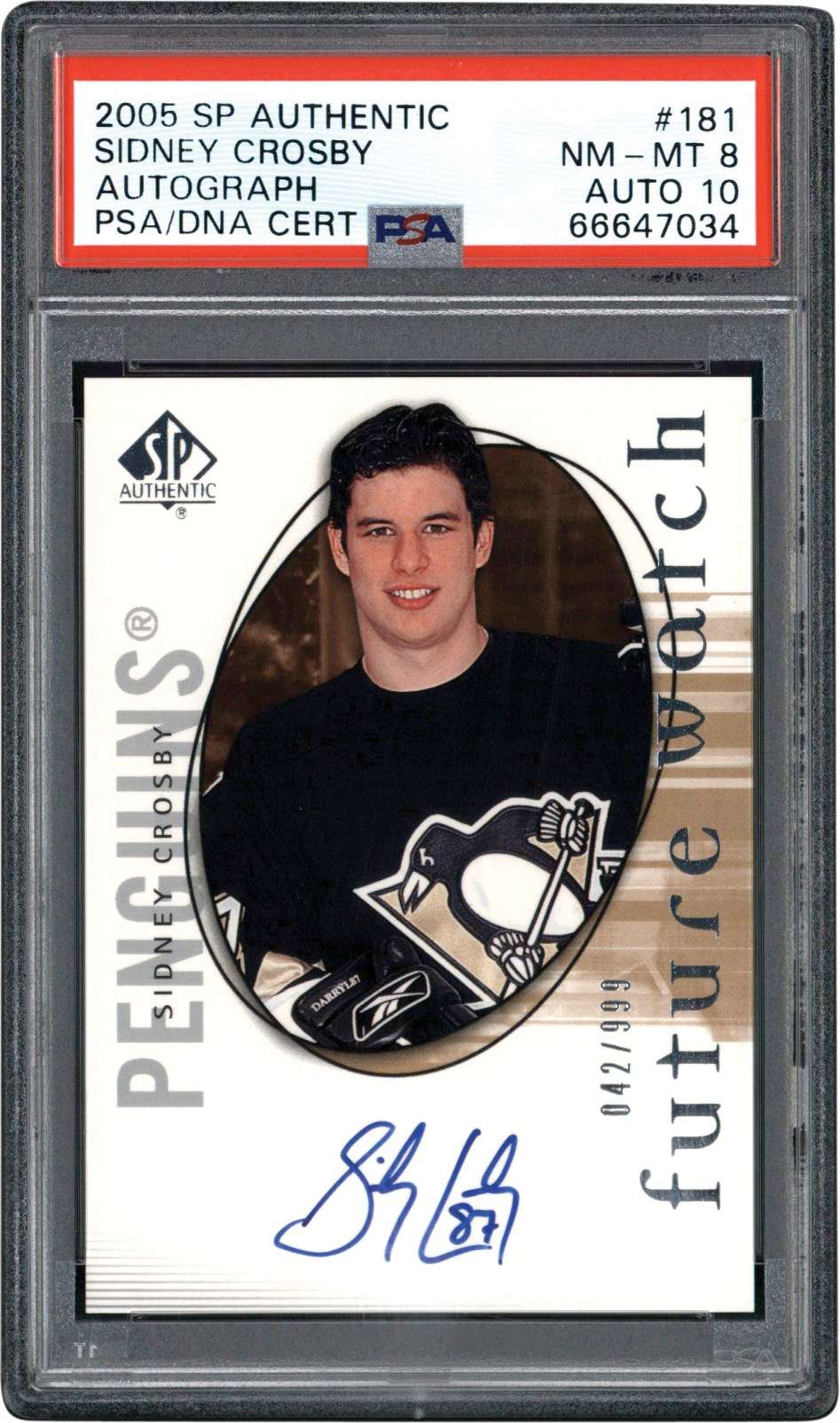 2005-2006 SP Authentic Hockey #181 Sidney Crosby Rookie Autograph Card #42/999 PSA NM-MT 8 Auto 10