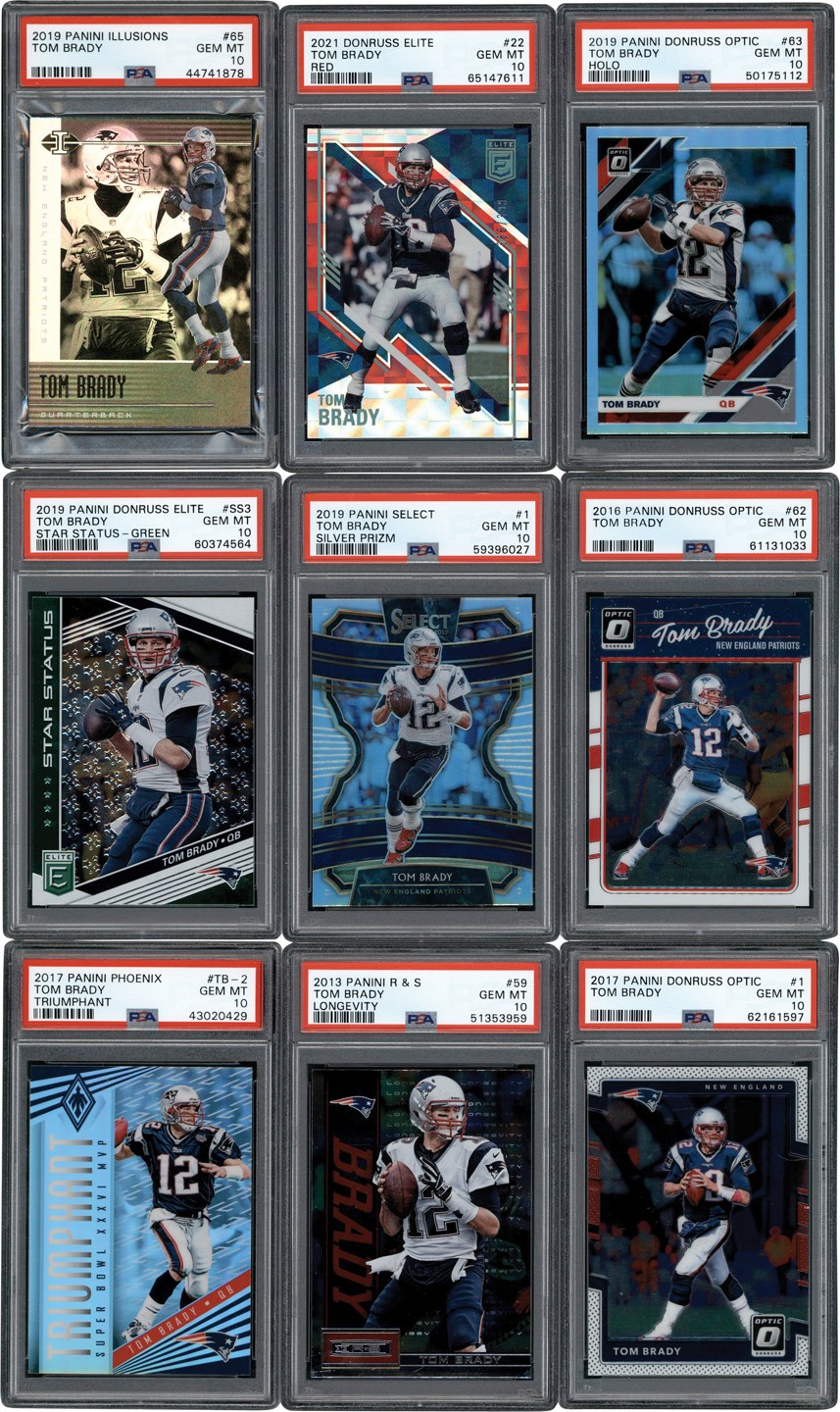 2012-2021 Panini Tom Brady PSA GEM MINT 10 Card Collection with Select Silver Prizm and Inserts (32)