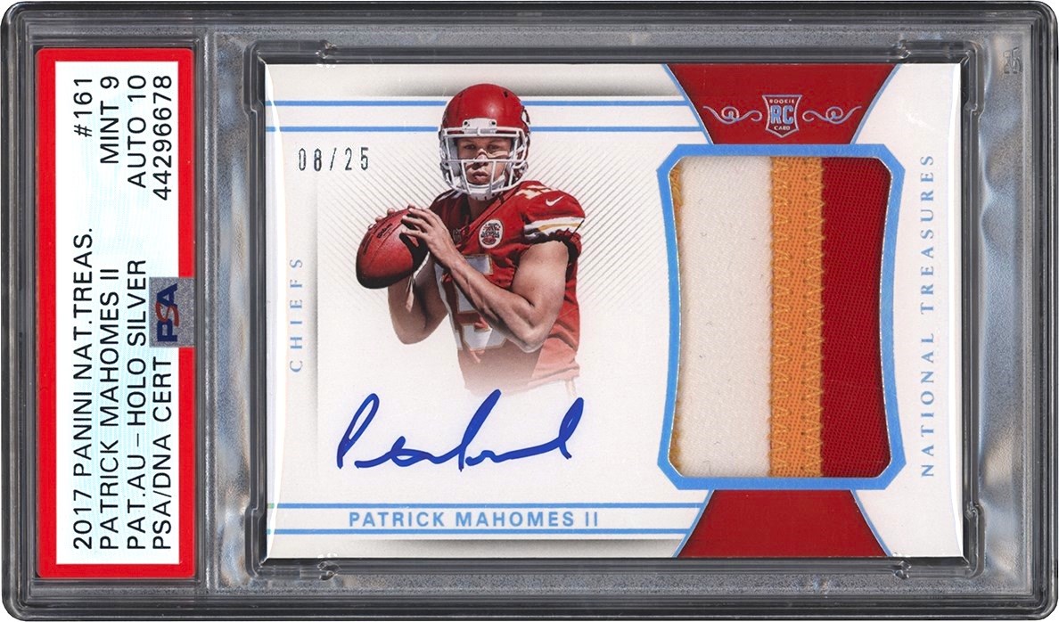 2017 National Treasures Football Holo Silver #161 Patrick Mahomes RPA Rookie Patch Autograph Card #8/25 PSA MINT 9 - Auto 10 (Pop 1 of 2 Highest Graded)
