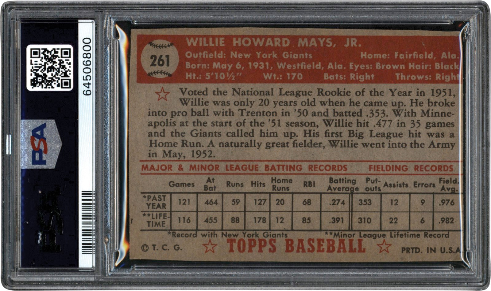 1952 Topps #261 Willie Mays PSA Authentic