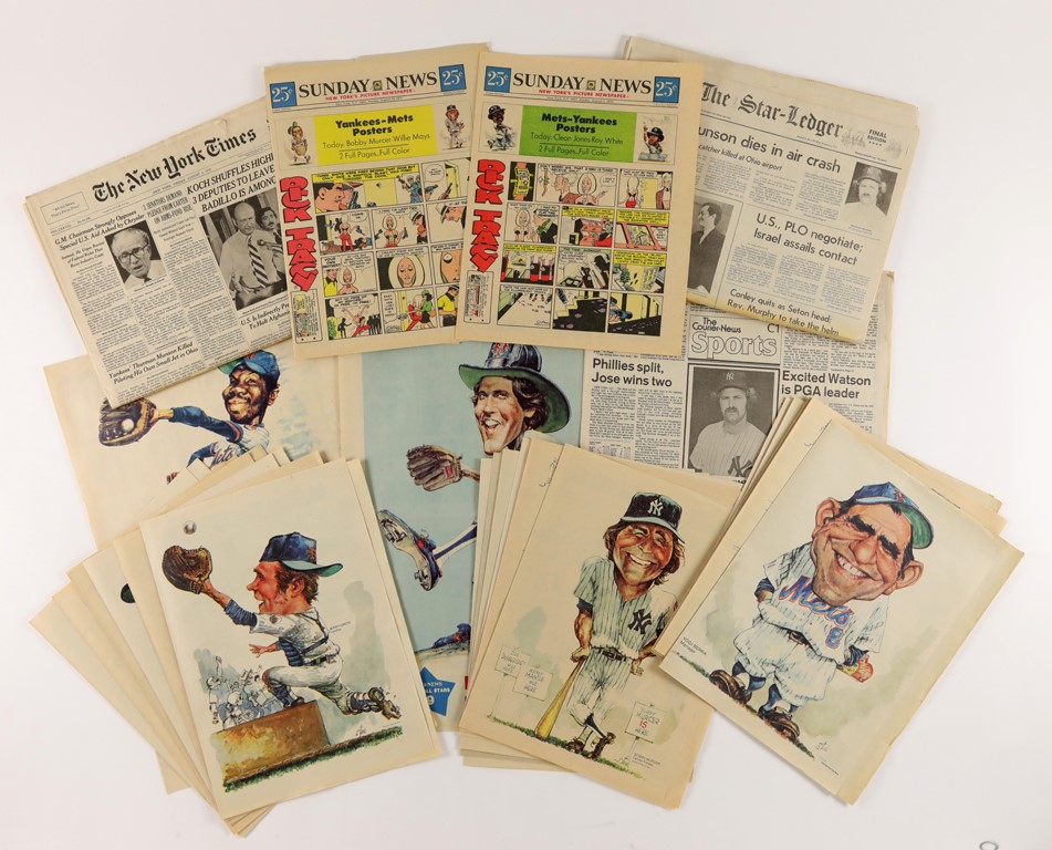 1973 Daily News New York Yankees & Mets Caricature Collection (41) plus Munson Death Newspapers
